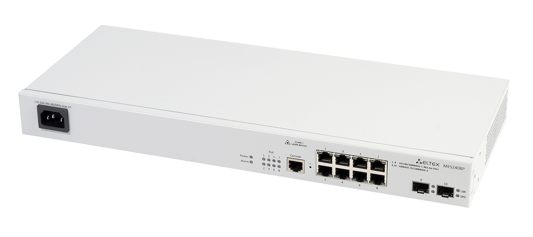 Ethernet-коммутатор MES2408CP, 8xPoE/PoE+ (1G) + 2xCombo (RJ45/SFP), L2, 220V AC